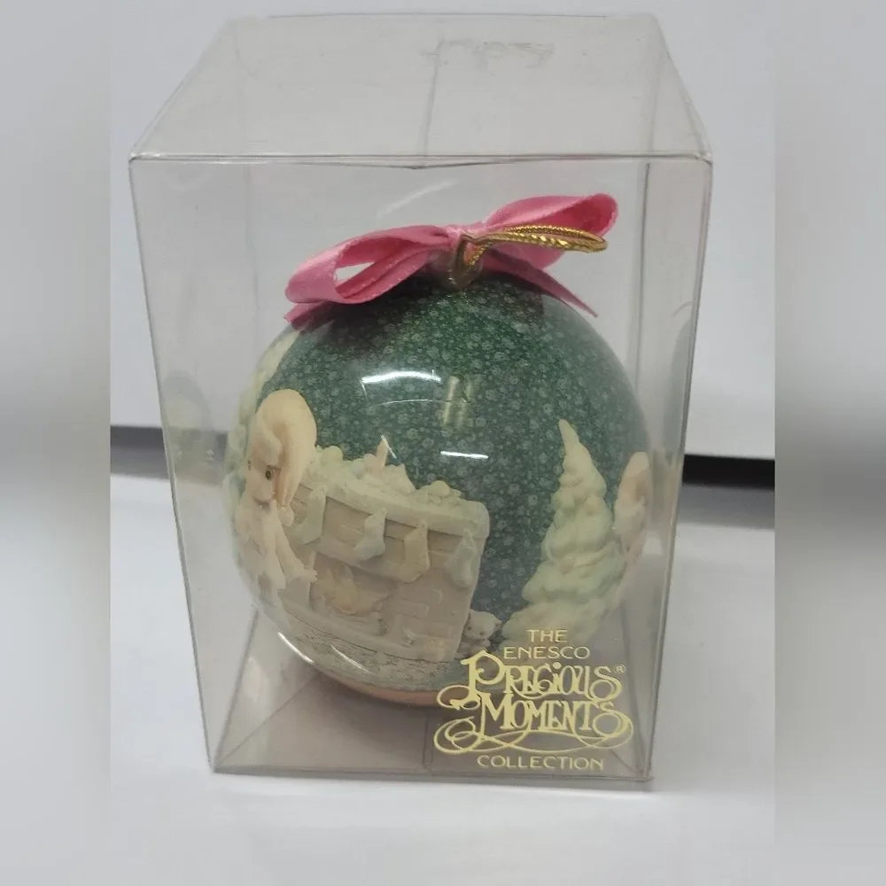 Lot of 4 Precious Moments Holiday Ornaments 1994 Enesco Round Balls Bows